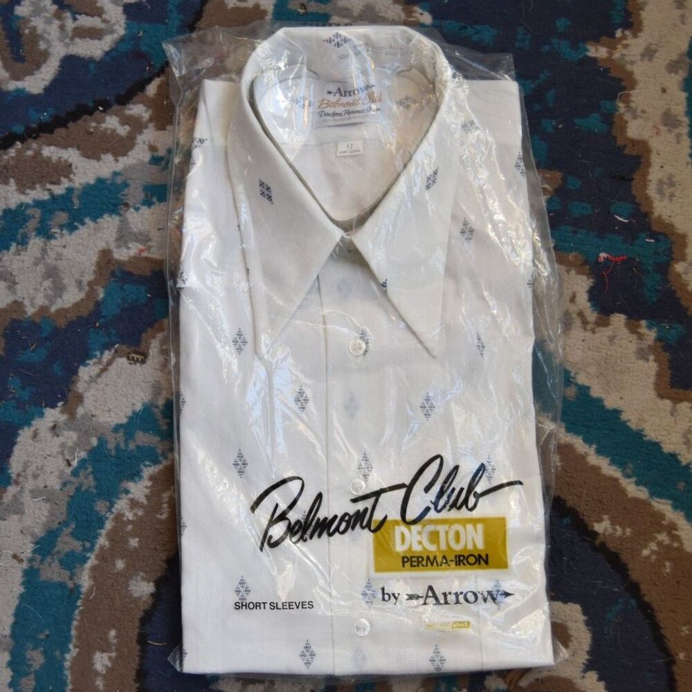 Vintage 70s Arrow Belmont Club Shirt Mens 17 White Blue Geometric Short Sleeve